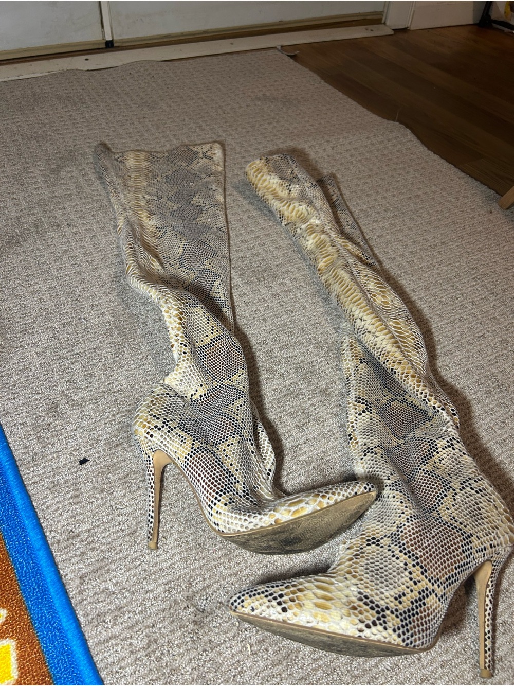 Fashion Nova Snake Print Over-the-Knee Boots in Tan and Black